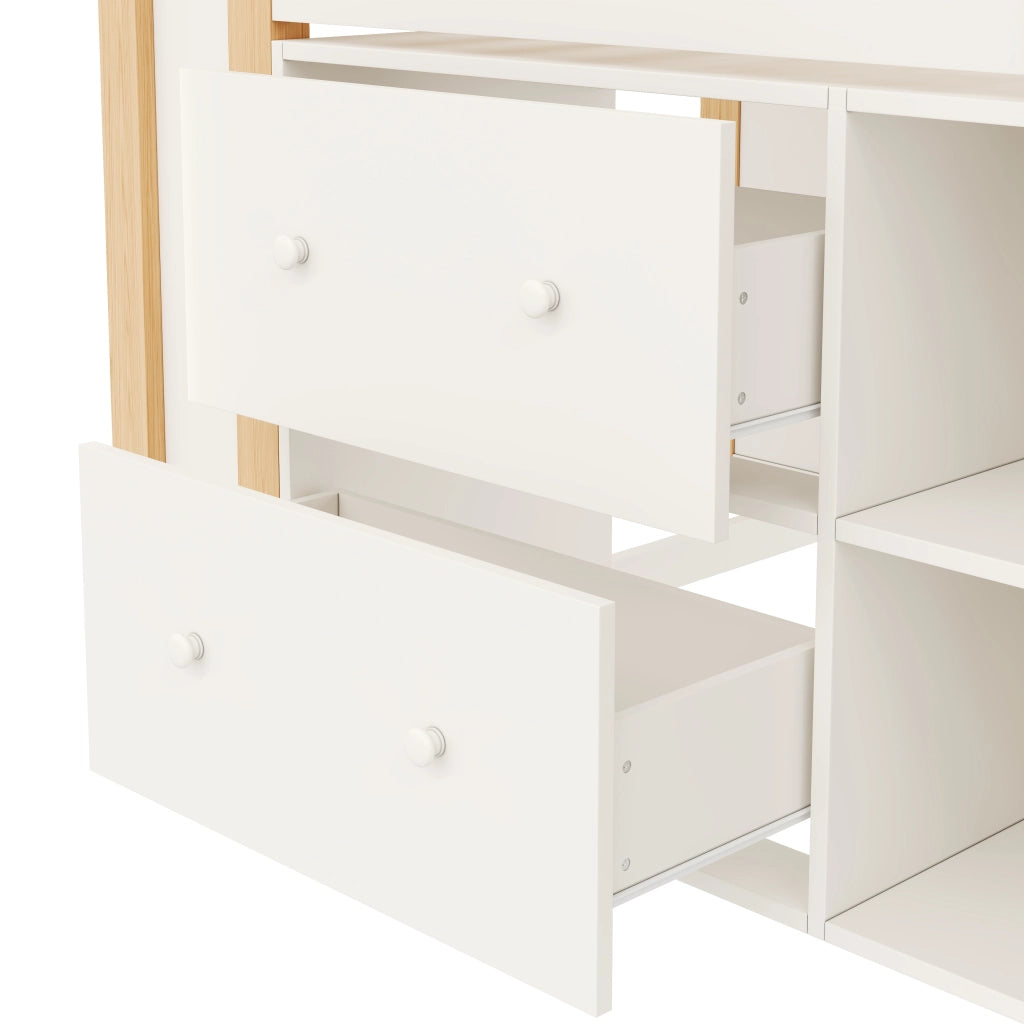 Letto rialzato per bambini 90x200 cm con cassetti; vani portaoggetti; scala contenitore e LED; bianco