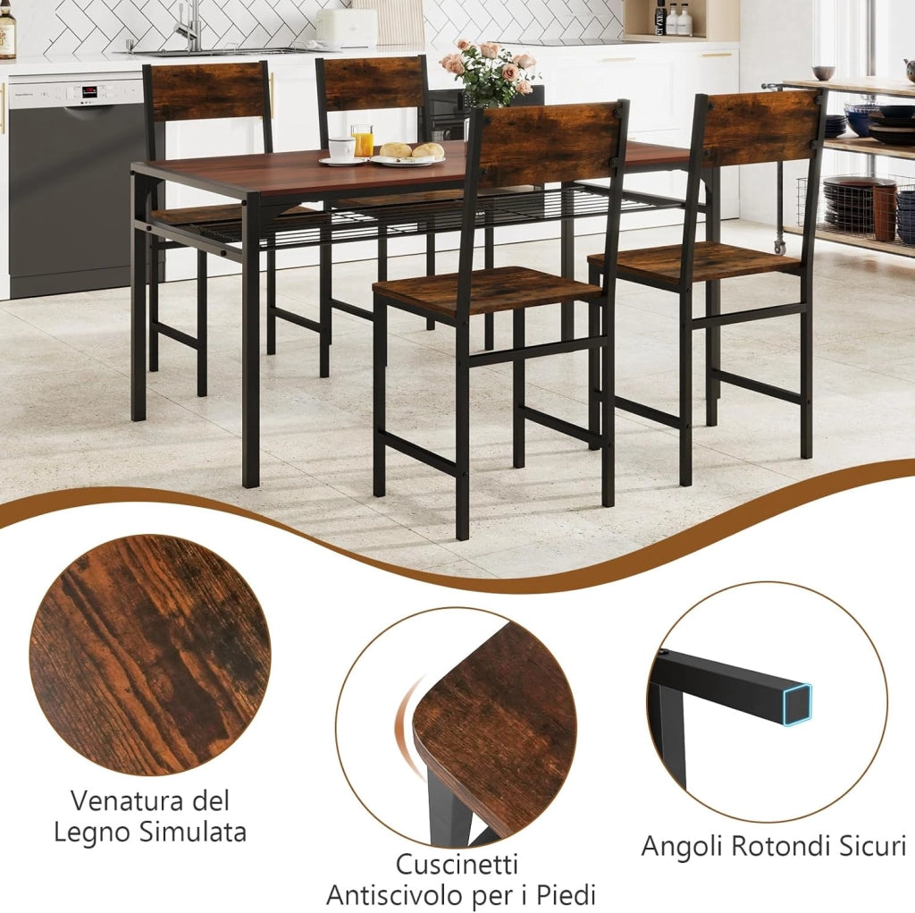 Set 2 Sedie Sala da Pranzo 44 x 40 x 87cm, Sedie Industriali con Gambe in Metallo, Venatura del Legno Rustico e Schienale Inclinato per Cucina, Soggiorno e Ristorante, Marrone e Nero