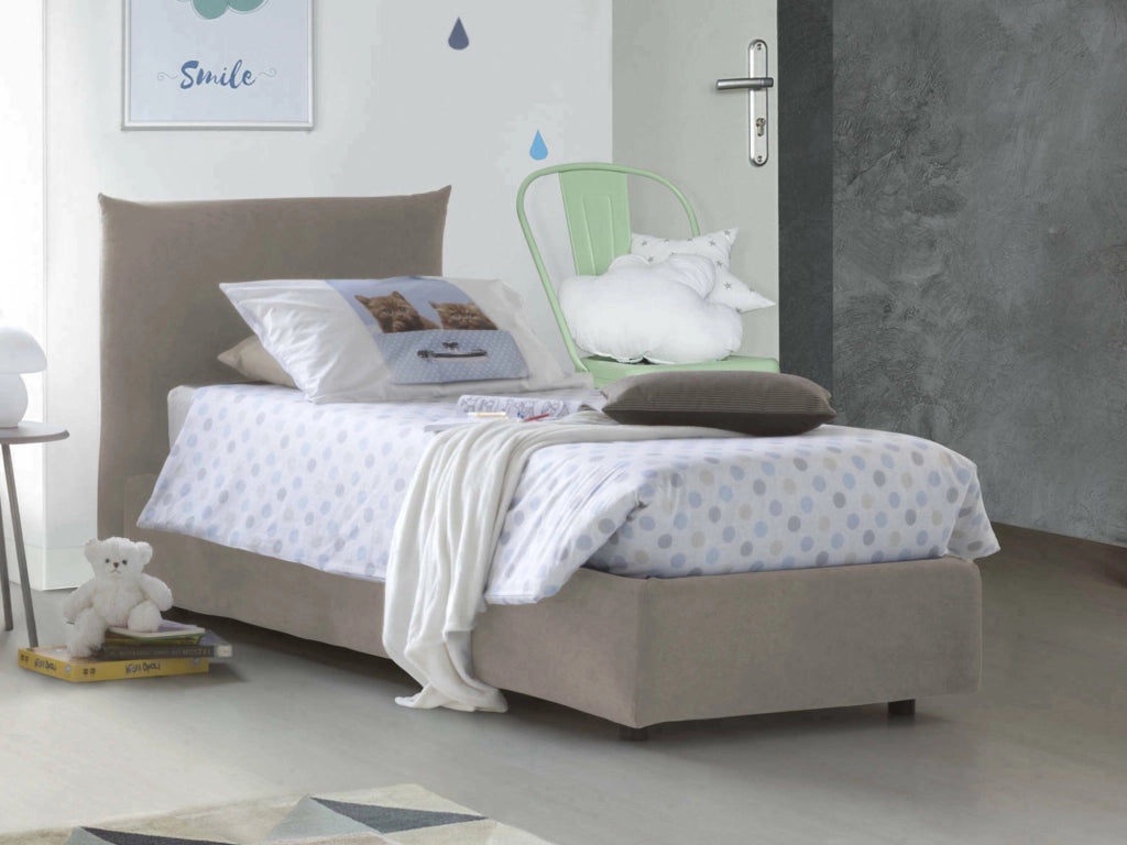Letto singolo Alisech, Letto contenitore con rivestimento in tessuto, Made in Italy, Apertura laterale, adatto per materasso cm 80x190, Tortora