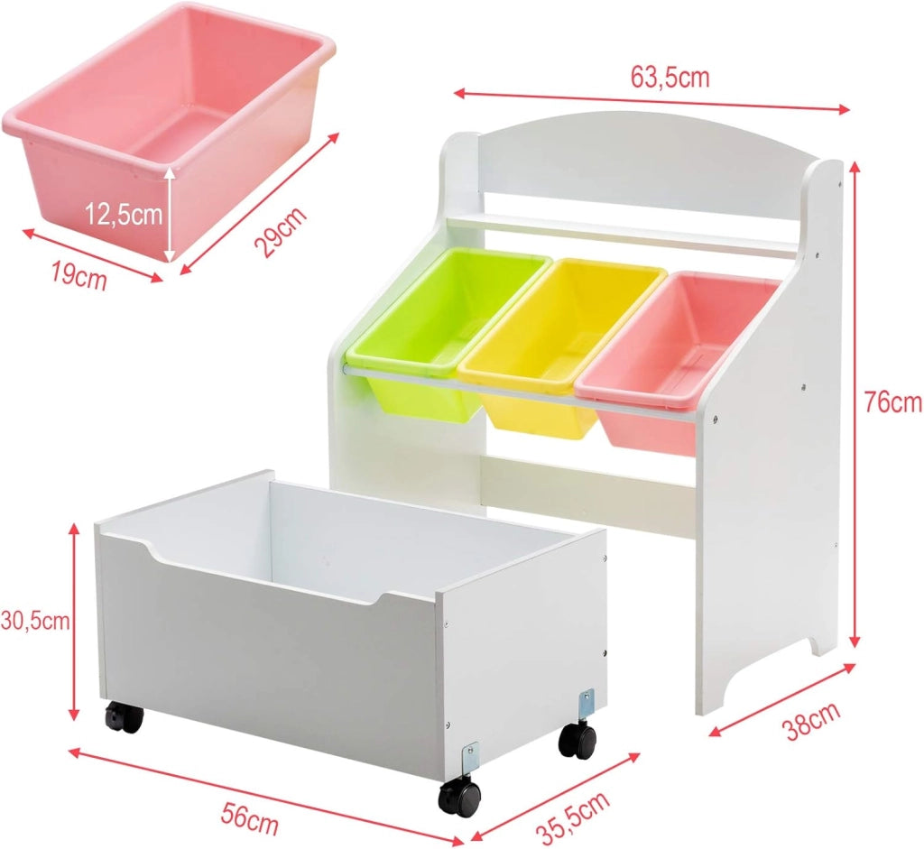 Scaffale Porta Giocattoli per Bambini in Legno con Contenitore e 3 Vassoi, Mobiletto Multiuso per Bambini con Ruote,Cesto Portaoggetti per Camera dei Bambini, 76 x 38 x 63,5 cm (bianco)