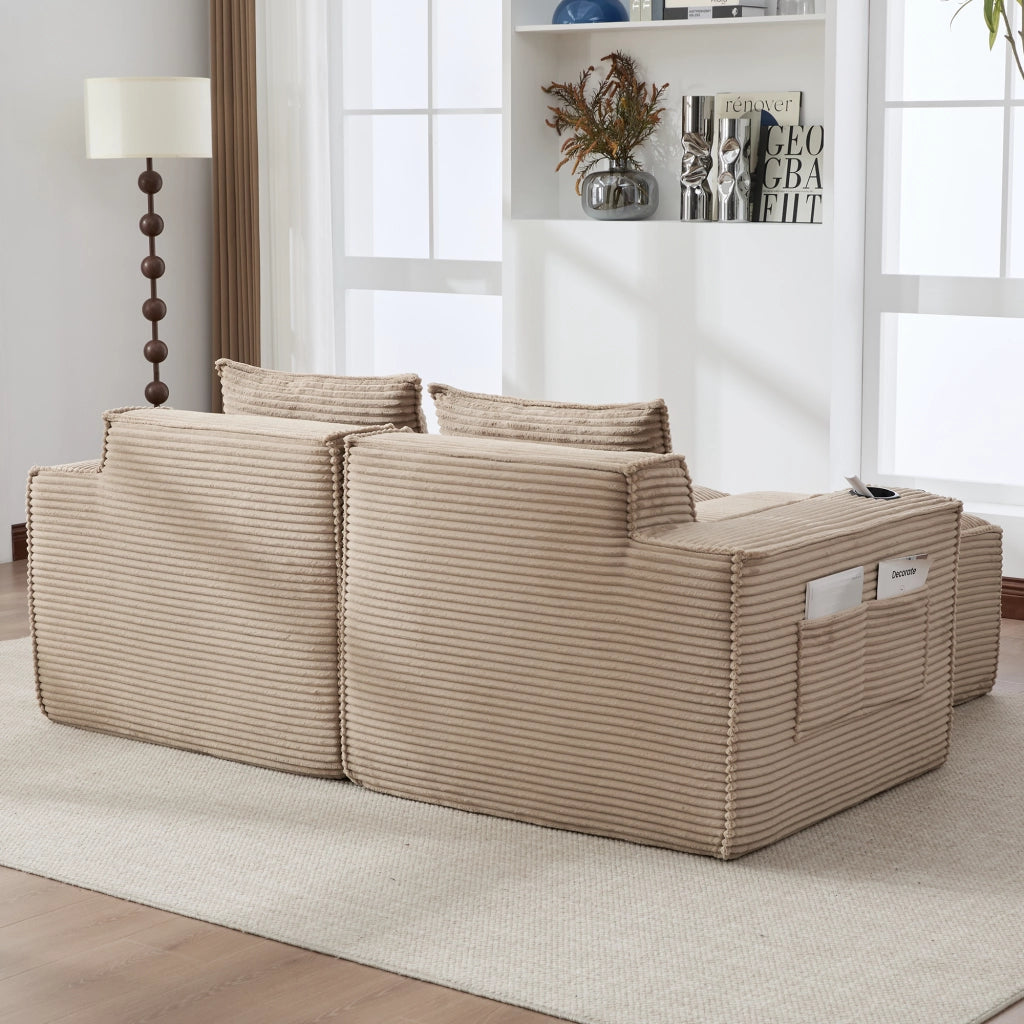 Divano modulare 2 posti in tessuto a coste con portabicchieri e tasche laterali comode khaki 188 × 162 × 75 cm