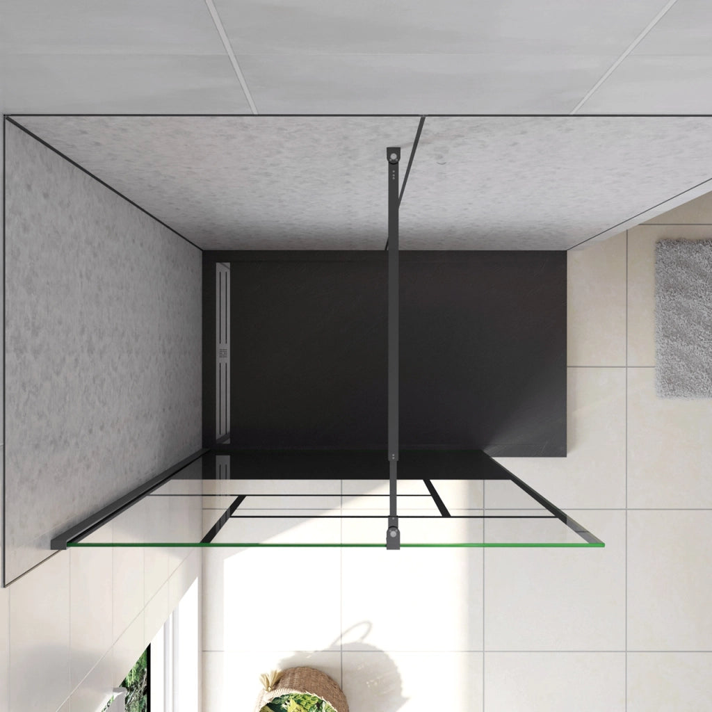 Doccia Walk In Parete Fissa Vetro Temperato 8 mm Anticalcare 120x200cm Semitrasparente Riquadri Nero Serigrafato Barra Stabilizzatrice da 73-120 cm