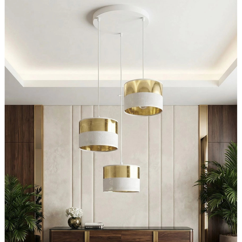 Lampada a sospensione Lux in acciaio bianco e oro
