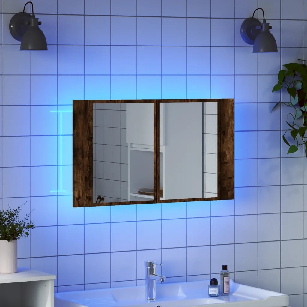 Armadietto a Specchio con LED Rovere Fumo 80x12x45cm Acrilico 834951