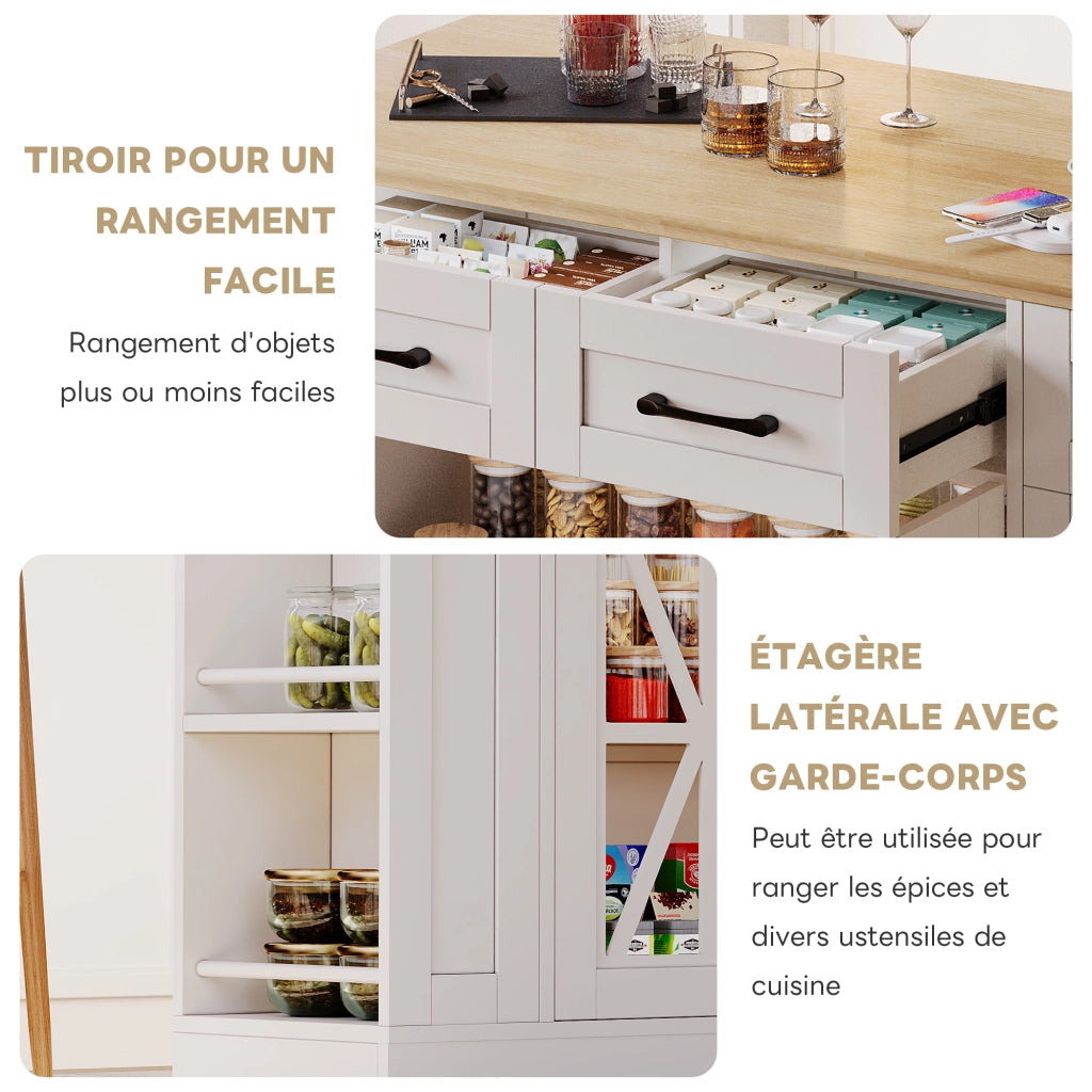 Carrello da cucina con piano ribaltabile; ante in vetro; ripiani aperti; prese e USB per cucina e sala da pranzo