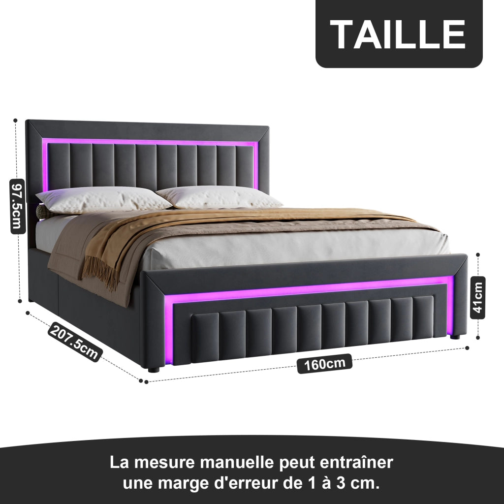 Letto matrimoniale imbottito 160x200 cm grigio scuro in velluto con LED e cassetti