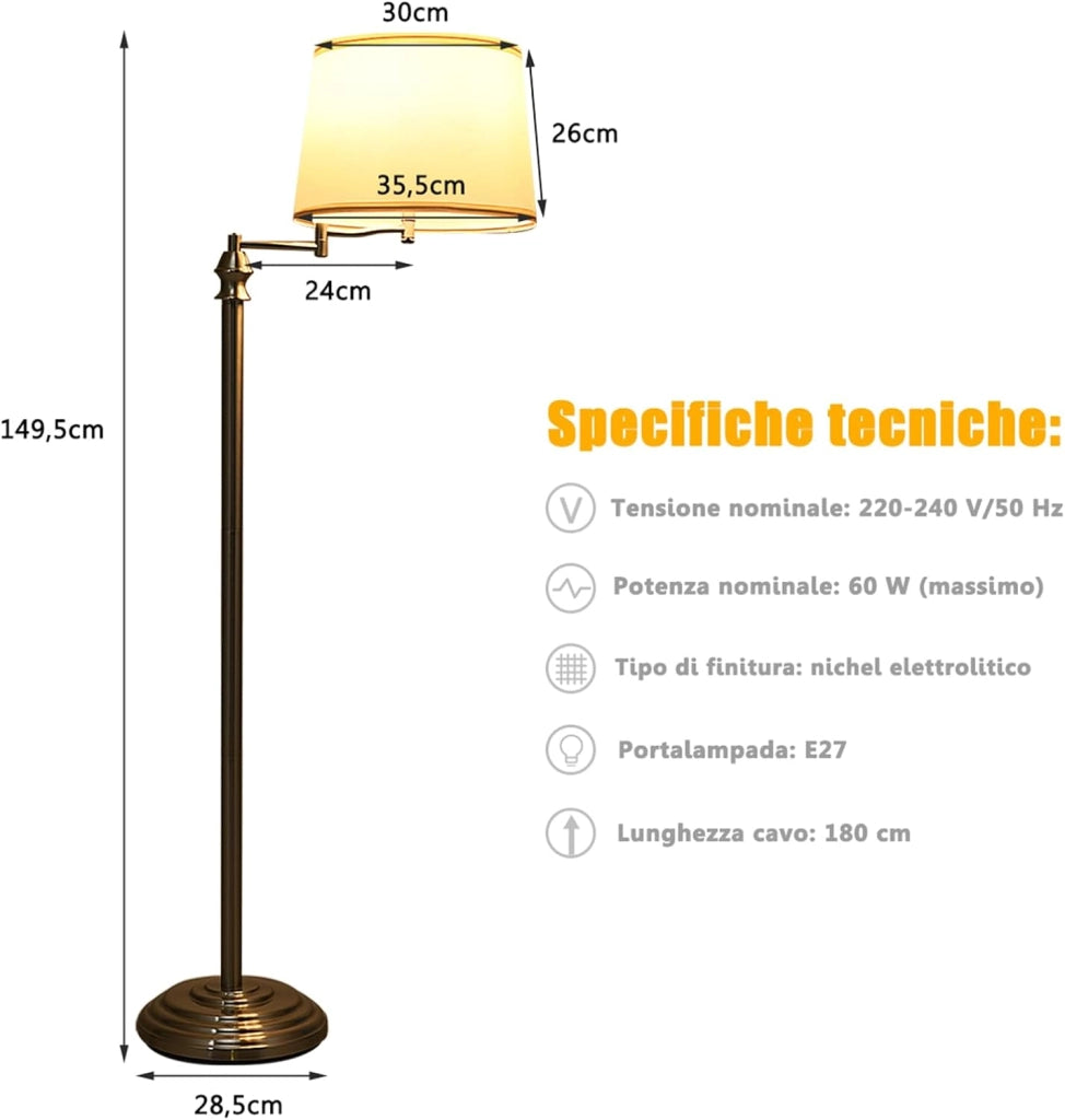Lampada da Terra Design e Vintage, Lampada a Stelo da Terra con Braccio Girevole, Ideale per Soggiorno, Camera da Letto e Studio, Argento