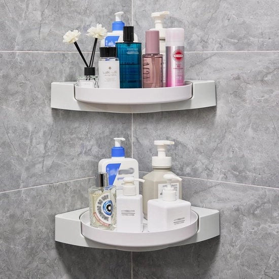 Organizzatore per Bagno a 2 Pezzi con Adesivo Autoattacco, Scaffale di Angolo Rotativo 360° Senza Forare con Supporto per Shampoo per Scaffale di Doccia