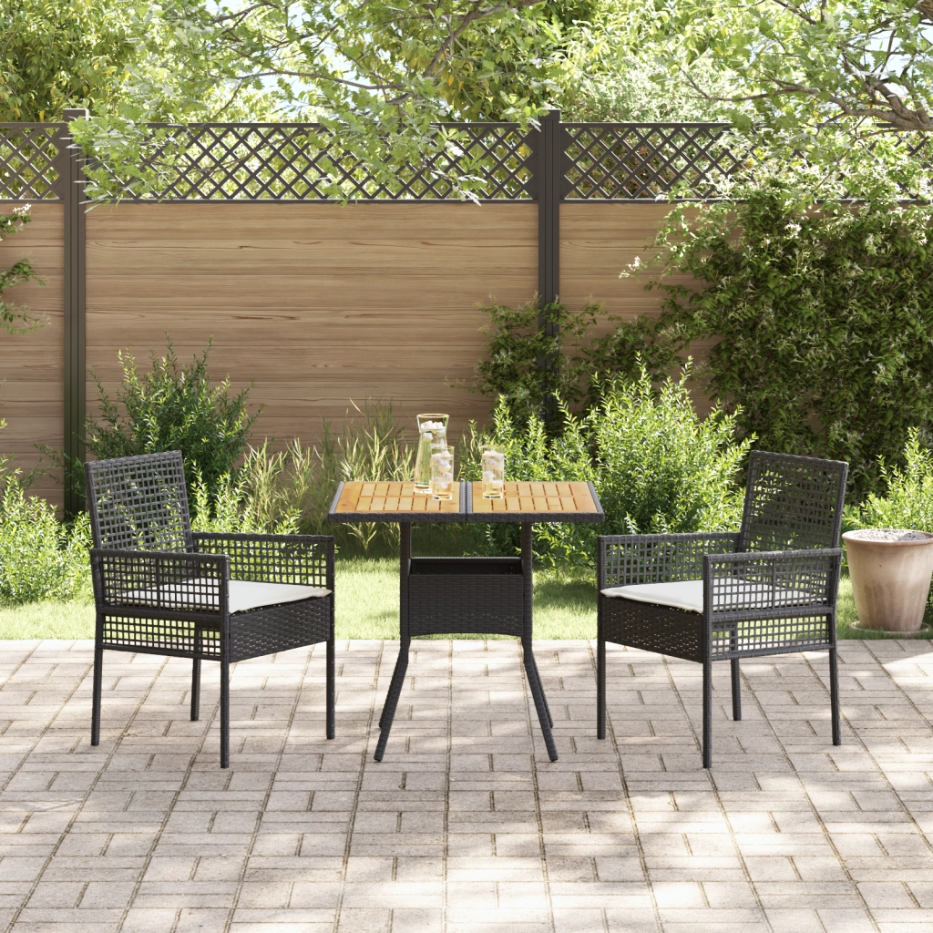 Set da Pranzo da Giardino 3 Pezzi con Cuscini Nero Polyrattan