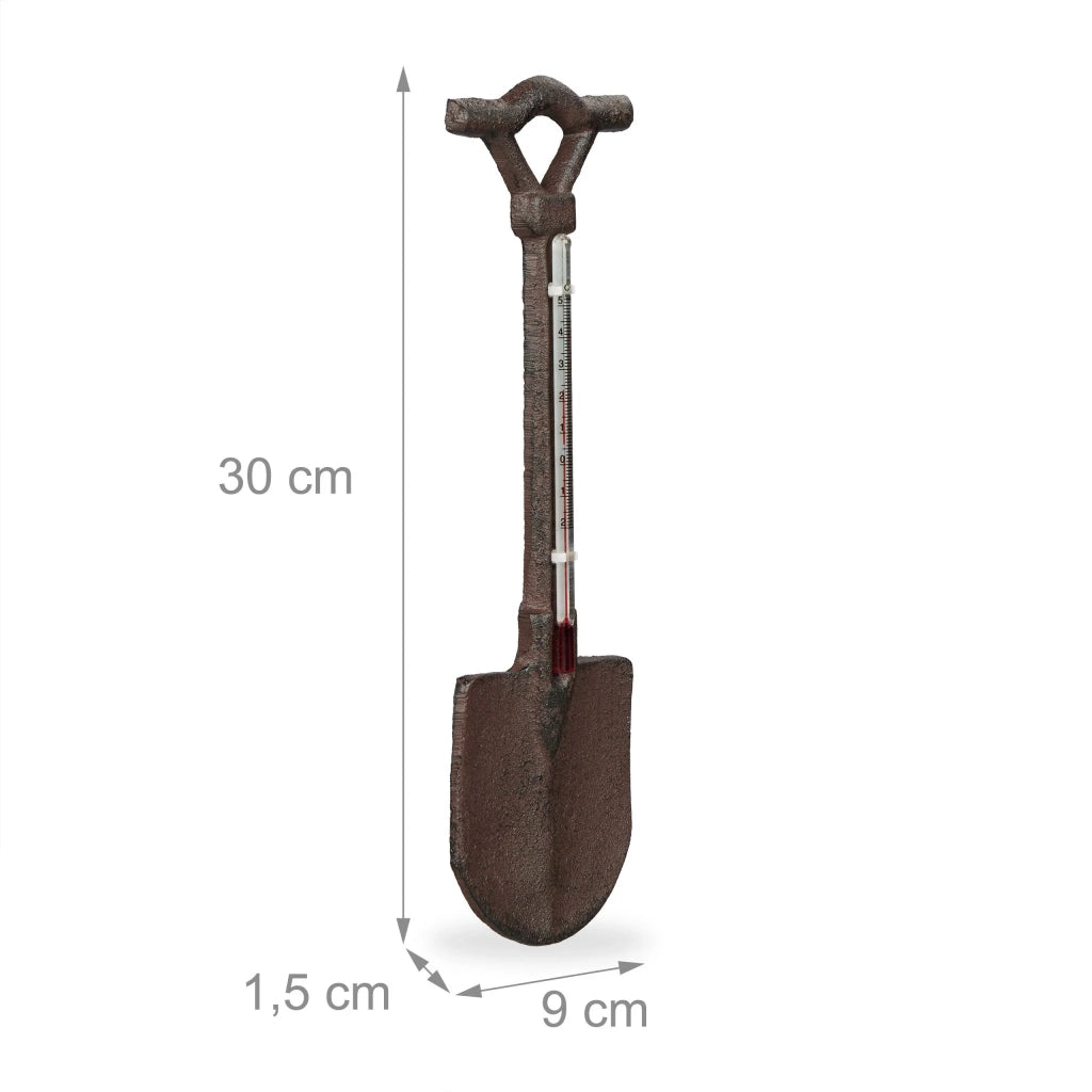 Termometro da parete antico a forma di pala per esterni, angolo decorativo, 30 x 10 x 5 cm, in ghisa nera, 13_0013376