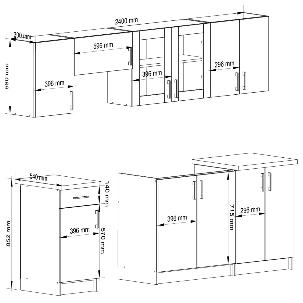 Set da cucina con vetrina AKORD LIMA 2,4 m Bianco 240 cm 11 ante 1 cassetto frontale Rovere Sonoma 240×44,5×203 cm