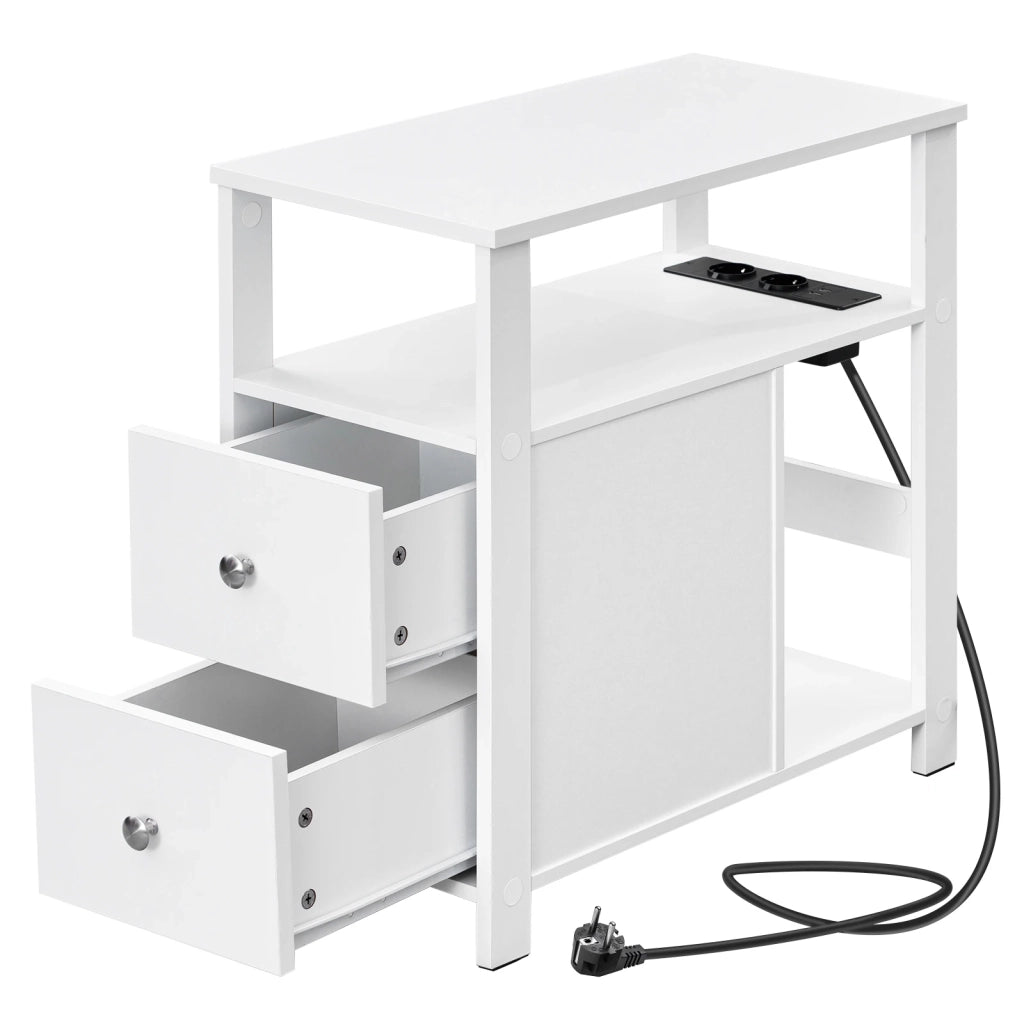 Tavolino basso con prese, 2 cassetti e 2 ripiani aperti, per soggiorno e camera, in legno, bianco, 60 × 60 × 30 cm