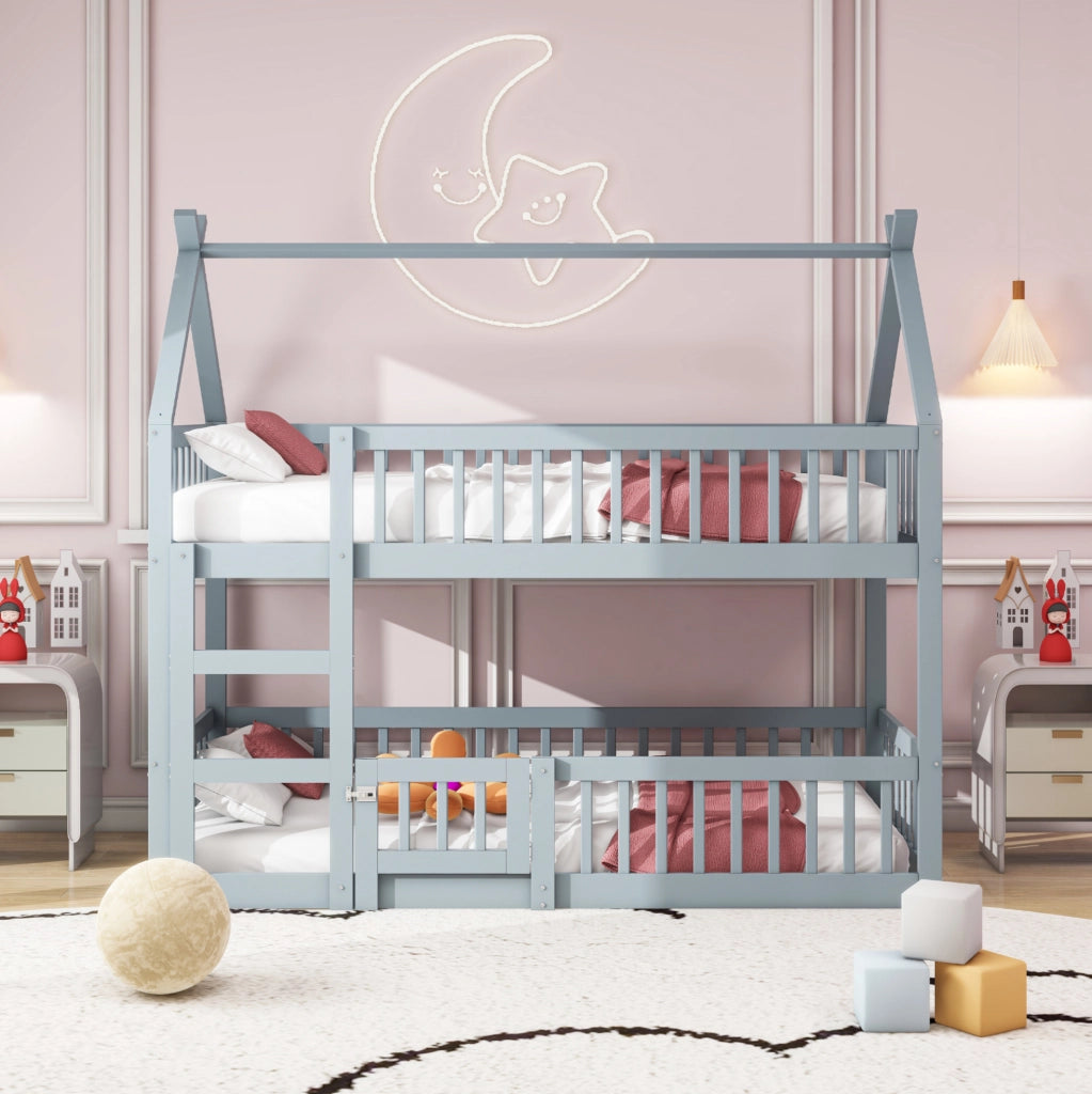 Letto a castello per bambini 90x200 cm con scala; design alto e basso; grigio