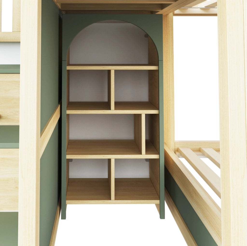 Letto a castello per bambini 90x200 cm in legno; verde/grigio/naturale; con scale contenitore e cassetti