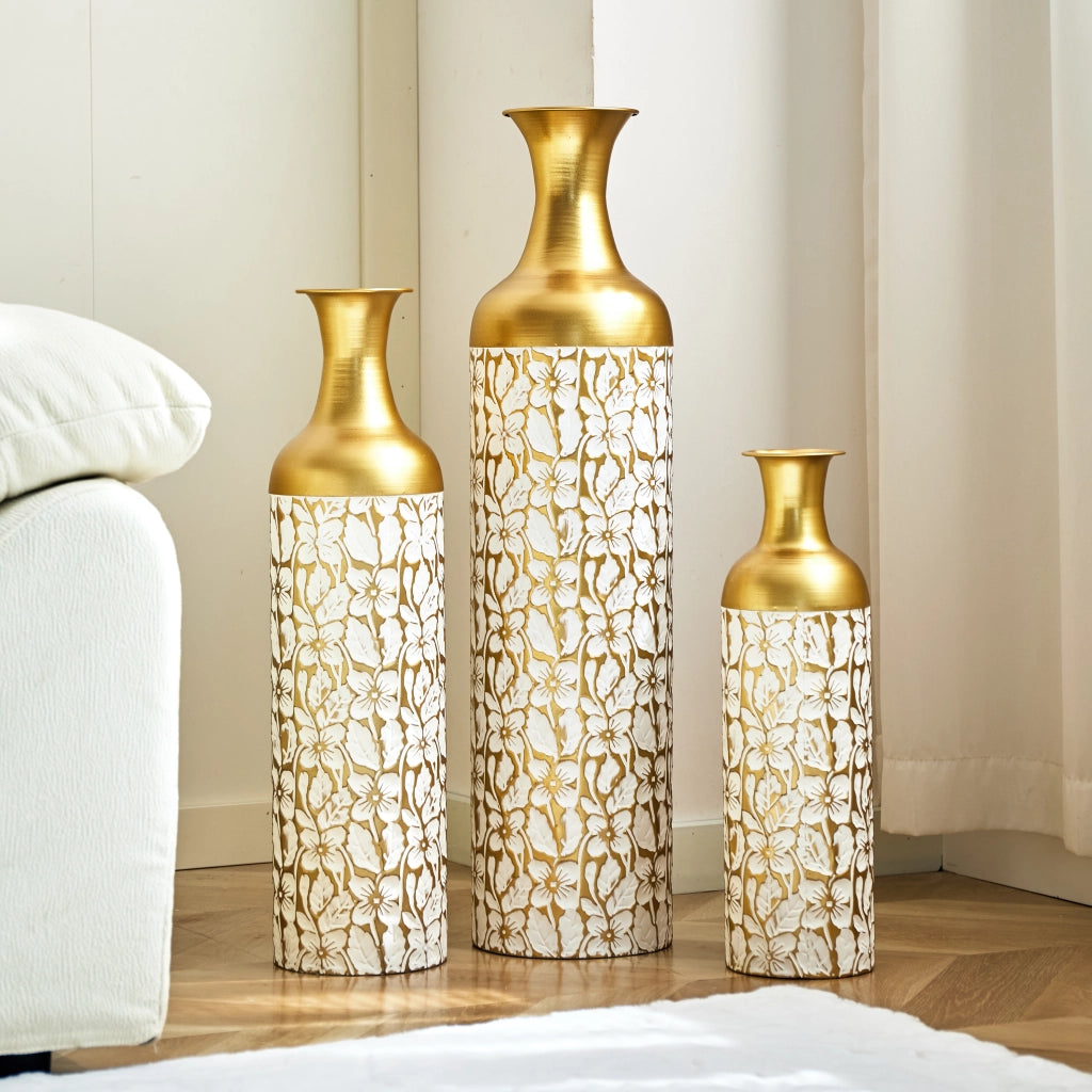 Fioriera a più livelli in metallo set da 3 con motivo floreale oro e bianco per soggiorno ingresso e ufficio