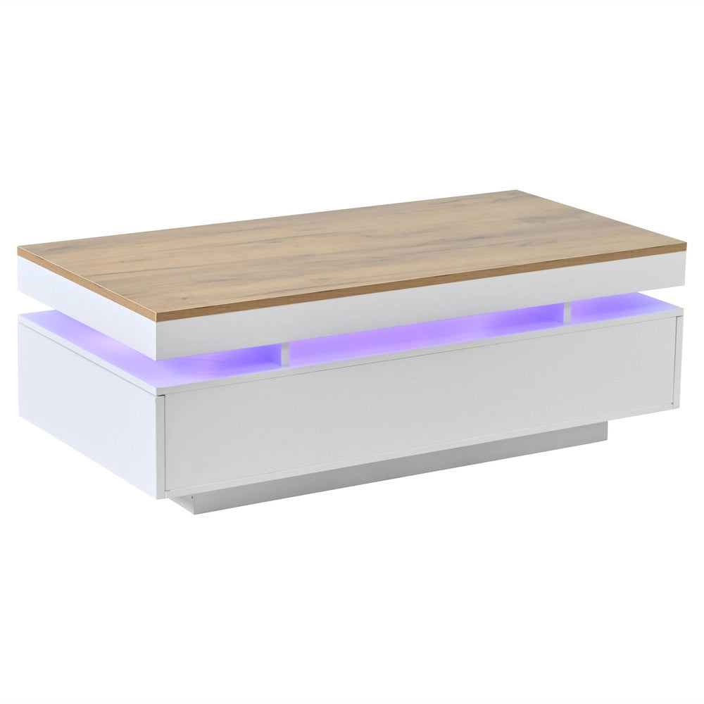 Tavolino da Caff¨¨ con 2 Cassetti e LED ¨C MINIMAL ¨C Bianco/Legno, 100x50x35
