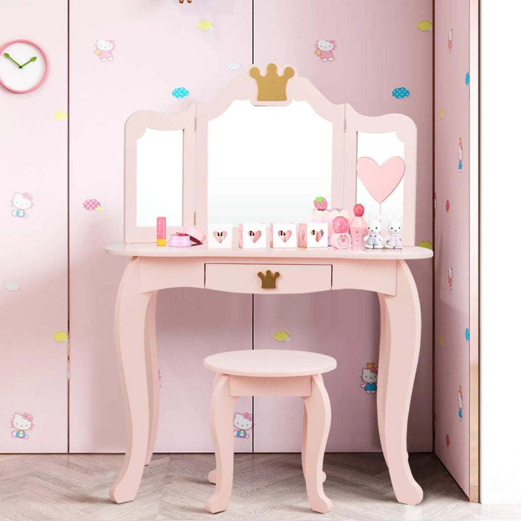 Toeletta Trucco per Bambina Staccabile, Specchiera per Ragazza in Legno con Sgabello e Cassetto, Postazione Trucco 2 in 1 per Cameretta e Cmera da Letto, 80x42x105cm (ROSA)