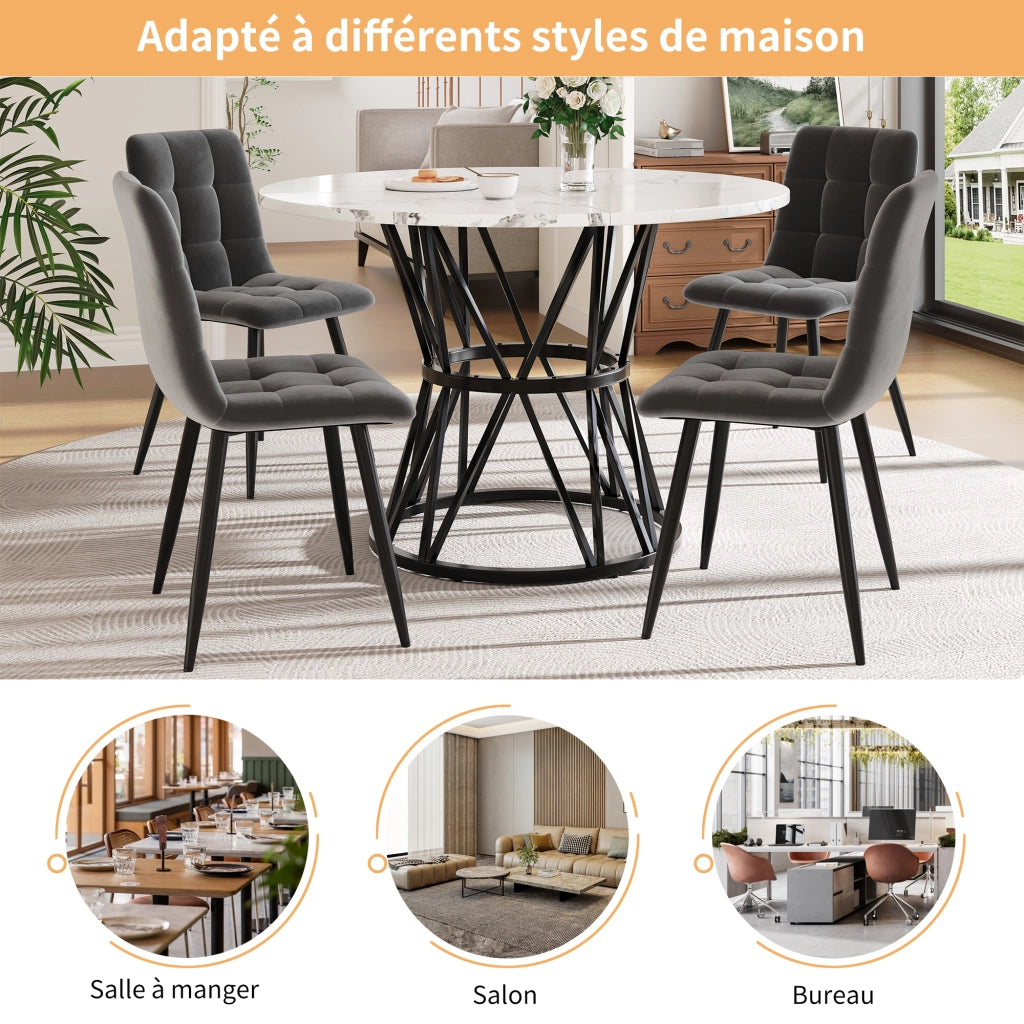 Tavolo da pranzo rotondo con piano in MDF effetto marmo e base in metallo, nero, 100 × 100 × 76 cm