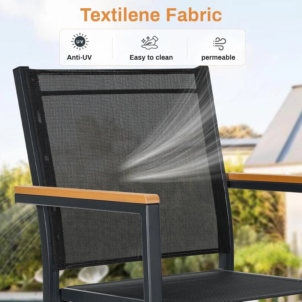 Sedie Da Giardino set da 4, Sedia impilabile per sala da pranzo in alluminio, Corrimano in WPC, Sedie Da Esterno Per Esterni, per terrazza, balcone, terrazza, piscina, ristorante, Nero
