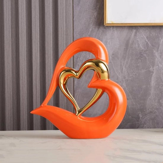Decorazione per la Casa, Figura di Ceramica, Doppio Cuore Ornamento, Decorazione per la Casa Creativa, Regalo, Ufficio, Salotto, Decorazione, Souvenir, Adatto come Regalo. (Arancione Oro D)