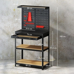 BANCO DA LAVORO con pannello forato 99,5x52x155 cm nero legno e metallo
