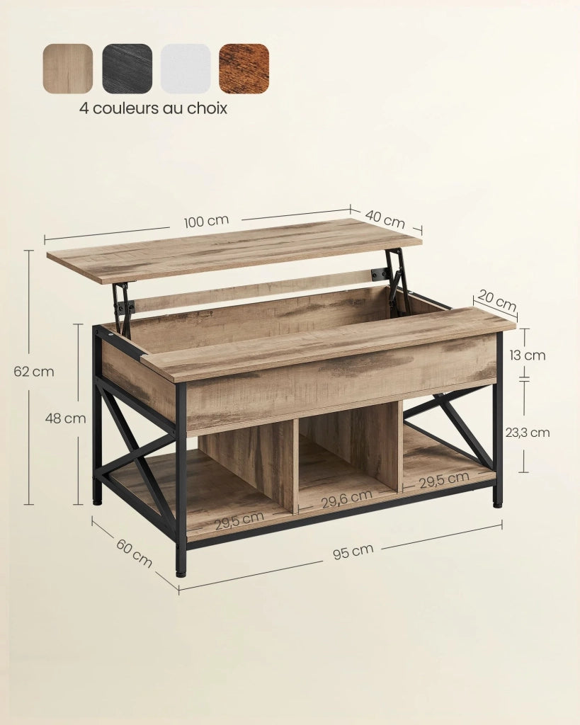 Tavolino da caffè/tavolo da soggiorno con piano sollevabile vano portaoggetti aperto e scomparto nascosto barre a X 60 x 100 x (48-62) cm marrone 12_0007474