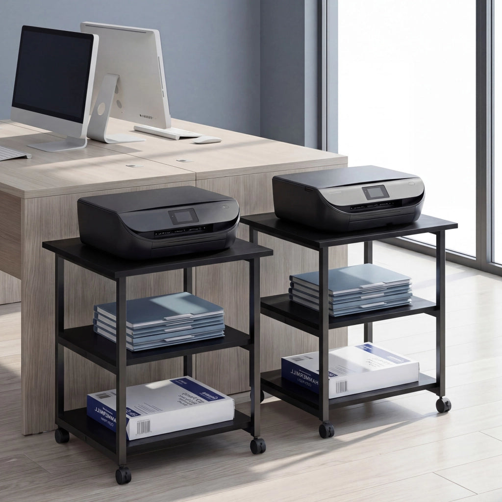 Carrello Porta Stampante a 3 Ripiani con 4 Ruote, Legno e Acciaio, 50x50x52.5cm, Nero