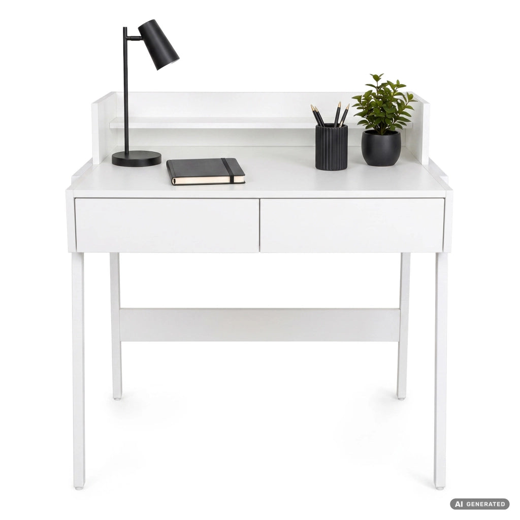 Scrivania industriale per computer Bianca FLUX 78 cm 2 cassetti 1 ripiano gambe bianche