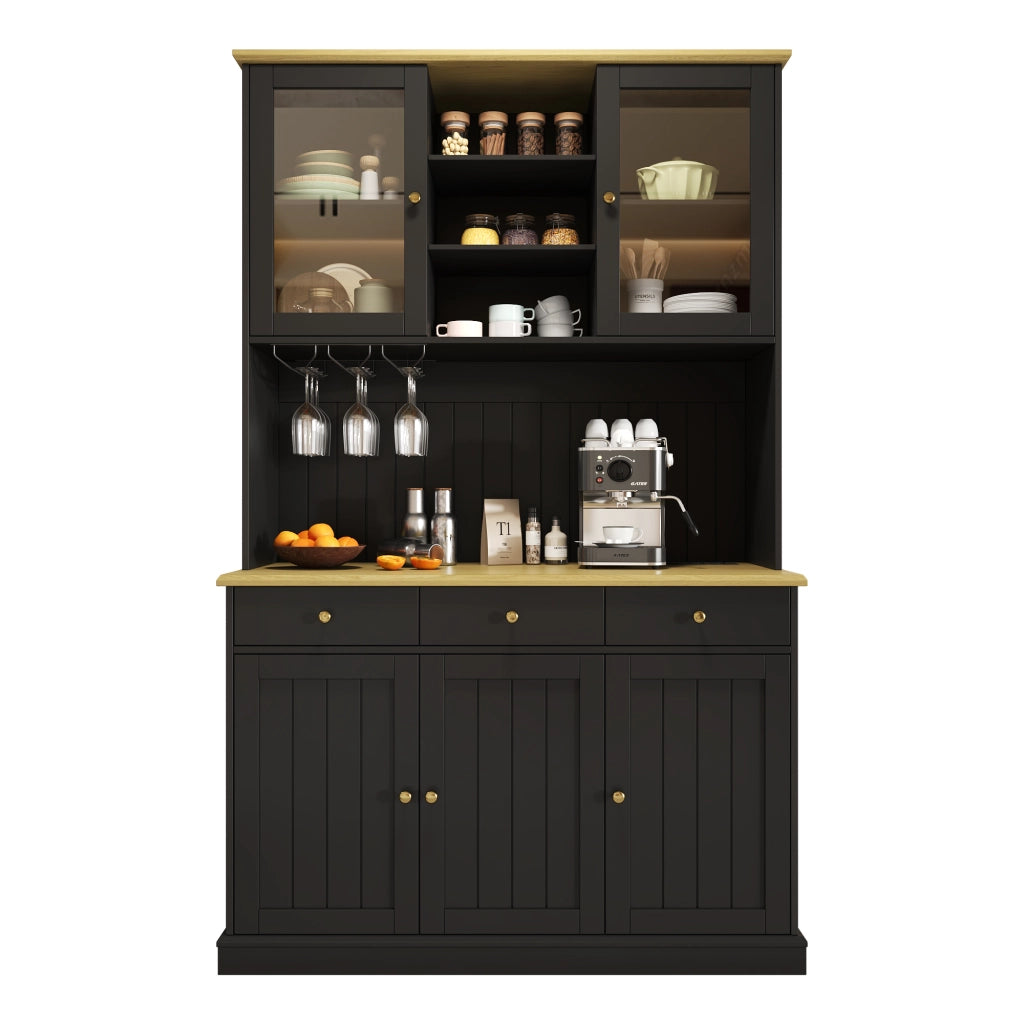 Credenza Alta da Cucina con Vetrina; 1 Cassetto; Portabicchieri; 2 Prese e USB-A USB-C; in MDF; Nero; 120 x 40 x 191 cm