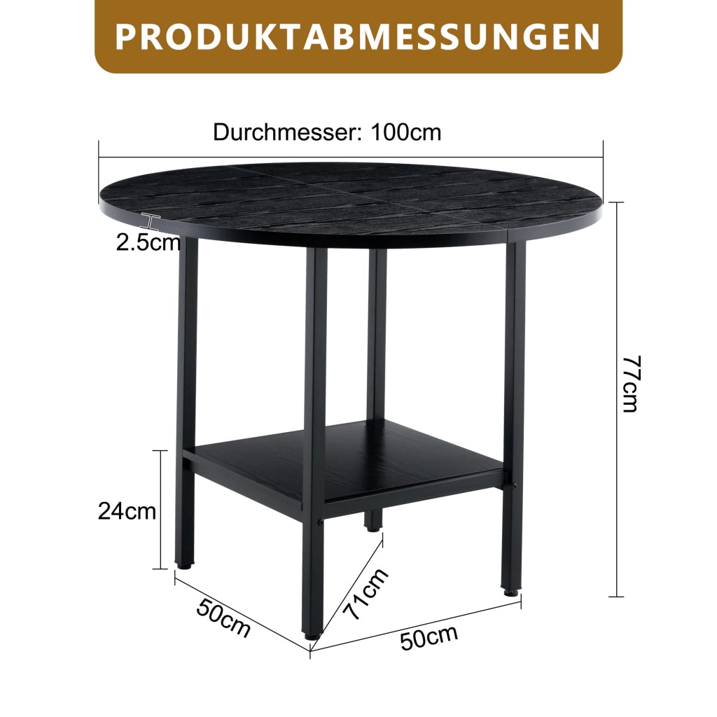 Tavolo da pranzo rotondo con ripiano contenitore in MDF e metallo nero per cucina e sala da pranzo 100 × 100 × 77 cm