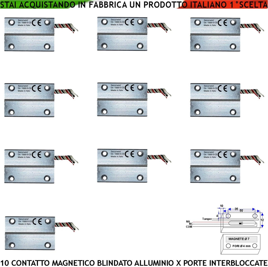 Rilevatore Magnetico Antifurto Porte Ferro Interbloccata Posizione Aperta o Chiusa 10 Pezzi Sensore Reed Campo 20 mm 5 Fili 3 Scambio C.NC.NA 2 Tamper Tensione Max 30V 10W Fissaggio Tramite Fori IP65