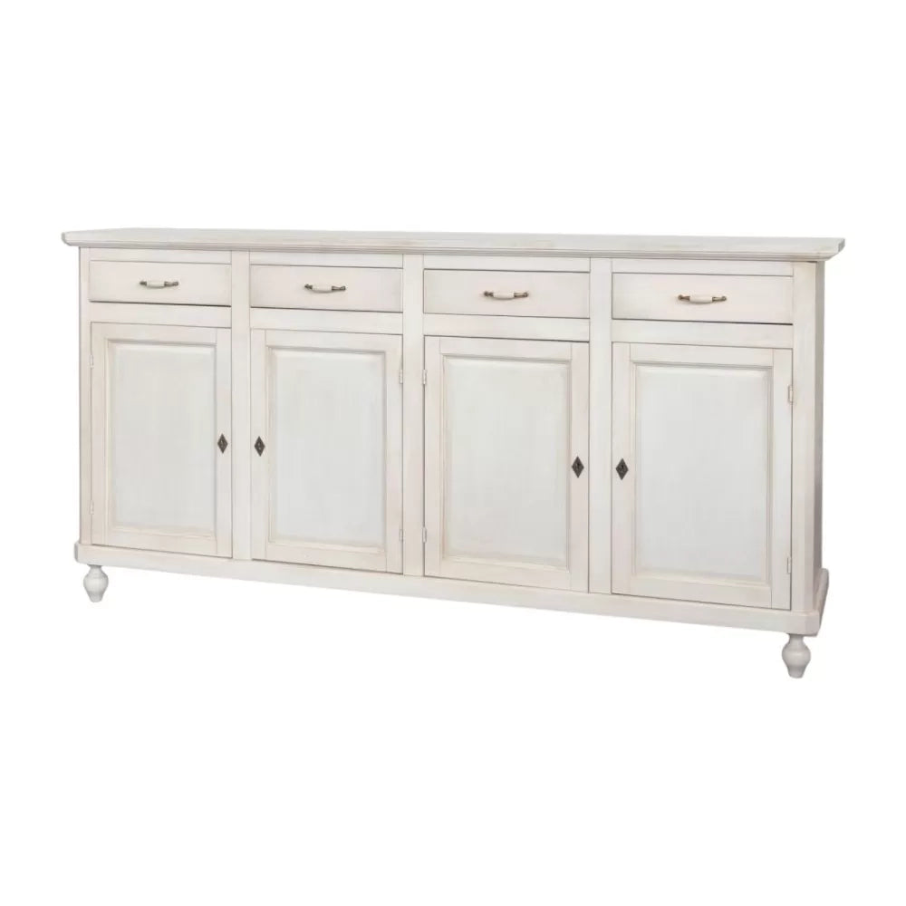 Credenza 4 porte 4 cassetti legno shabby bianco anticato maniglia porcellana 196x45x98 - Mobili 2G