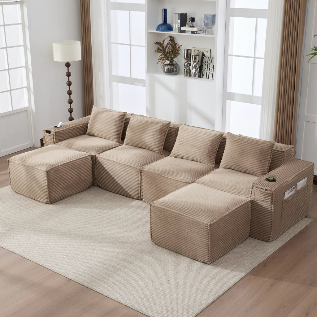 Divano modulare 4 posti con portabicchieri, tasche laterali e 2 pouf, in tessuto corduroy khaki