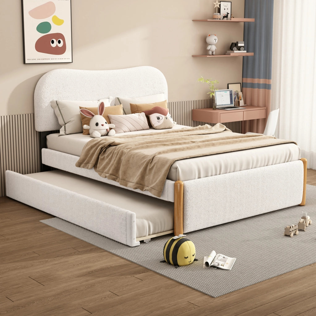 Letto imbottito 140x200 cm con letto estraibile laterale; plush e MDF; bianco