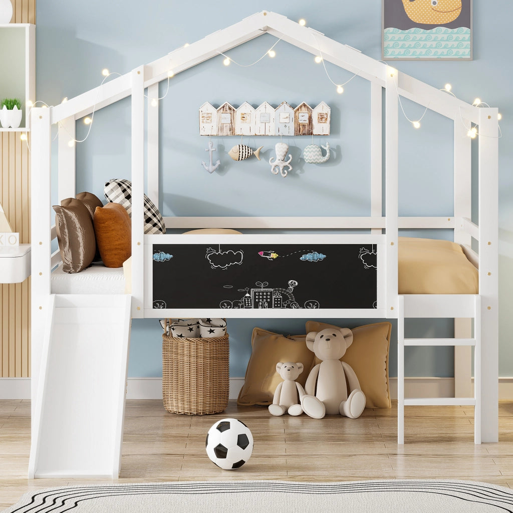 OKWISH Letto a Soppalco Bambini 90×200 cm, Letto Singolo con Scala di Sicurezza, Scivolo e Lavagna, senza Materasso, in Legno Massello, Bianco