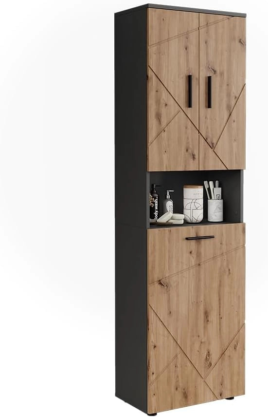Mobili alti Irma, Antracite/Artisan, 50 x 172 cm con 3 porte, con cesto della biancheria integrato per la separazione dei tipi di bucato