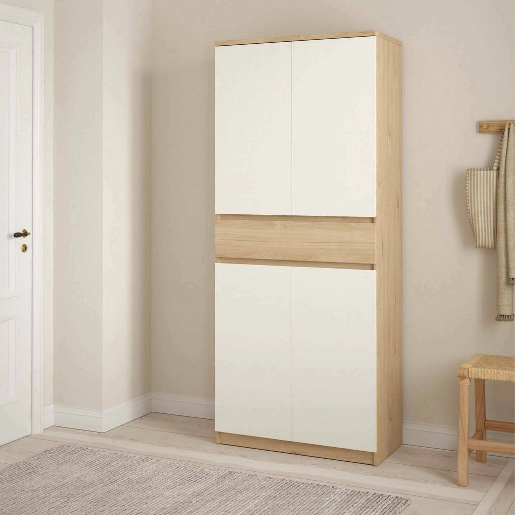 Scarpiera Jangmi, Mobile portascarpe, Armadio da ingresso multiuso, Mobiletto per calzature, 80x40 h192 cm, Rovere e Bianco