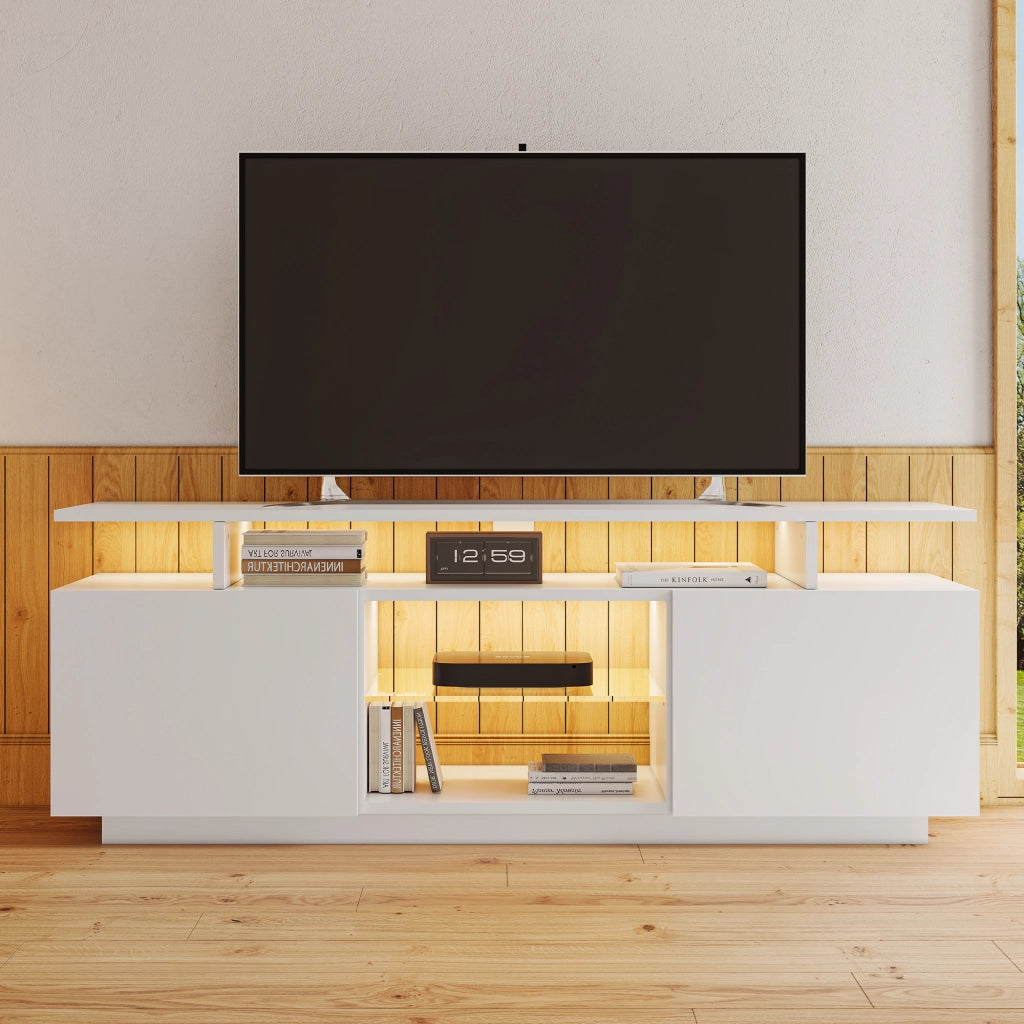 Mobile TV con 2 Ante e 5 Vani Aperti e LED Controllato da App; in Pannello Truciolare; Bianco; 140×35×55 cm