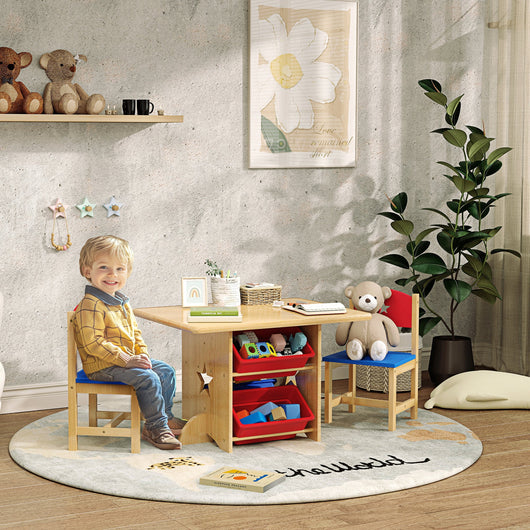 Set Tavolo e Sedie per Bambini con 4 Contenitori per Giochi in Legno e PP