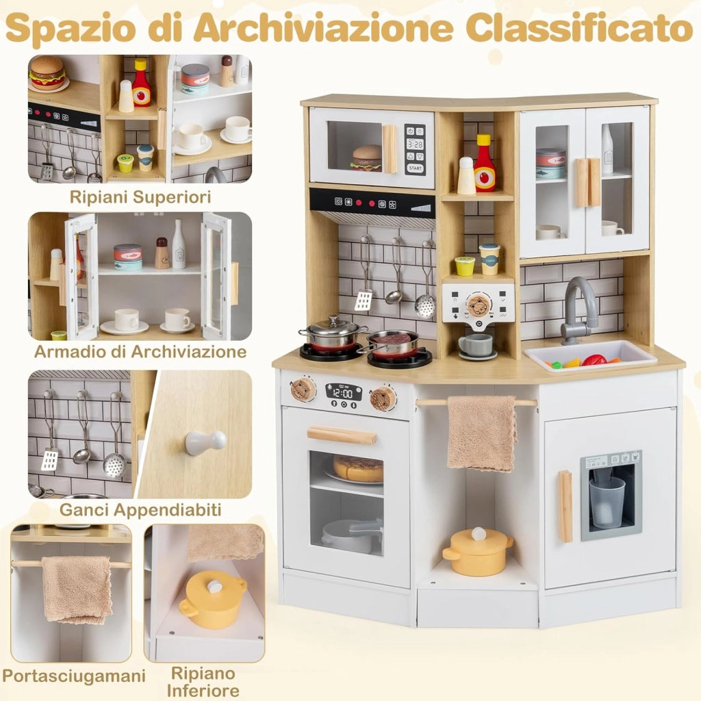 Cucina Giocattolo per Bambini, Cucinetta in Legno con Suoni e Luci, Fornello, Lavandino, Macchina del Caffè, Gioco Cucina di Ruolo per Bambini 3+ Anni (Naturale)