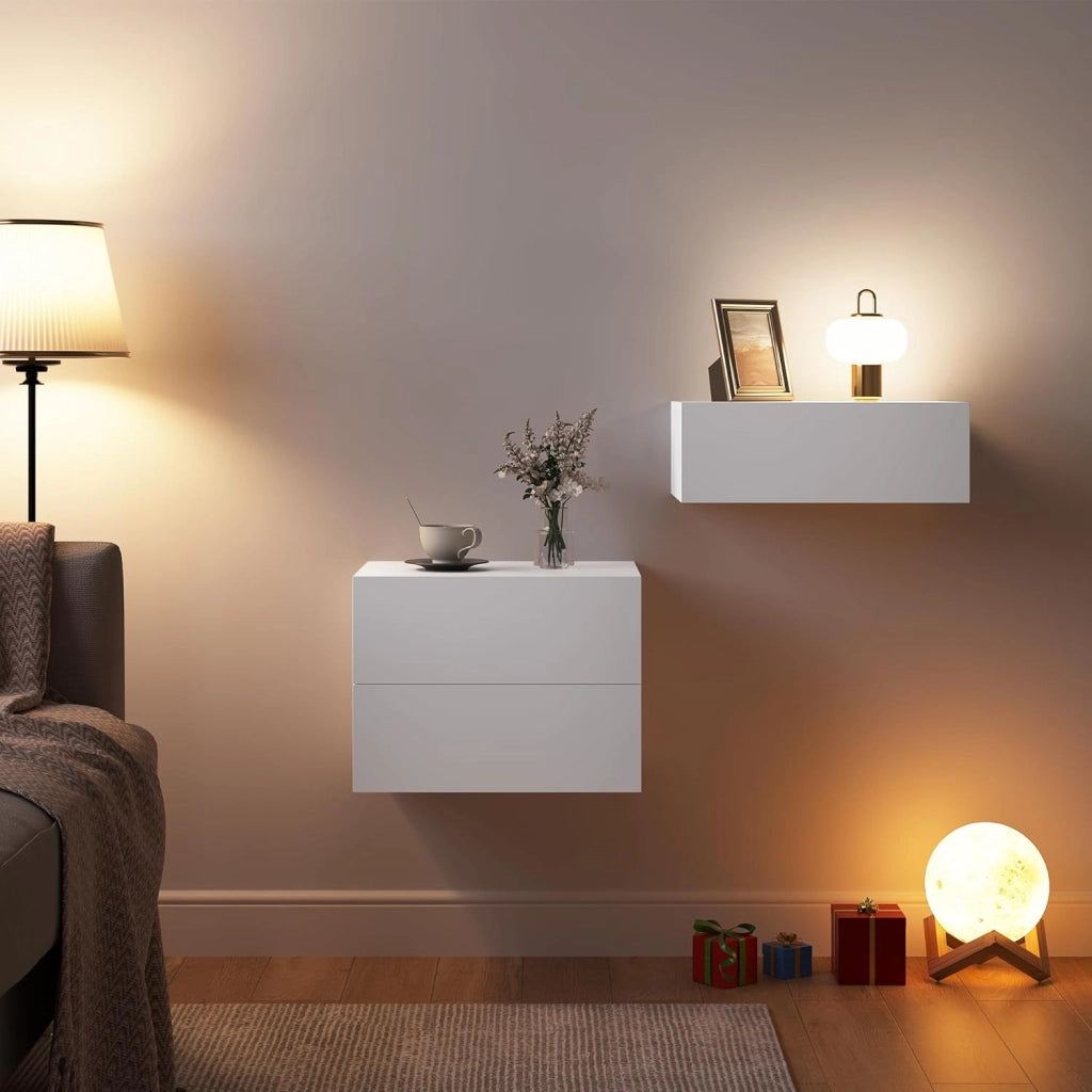 Set di 2 Comodini Sospesi con Cassetto, Comodini Galleggianti, 40x30x30 cm, Mobili per Camera da Letto in Legno, Salvaspazio, Moderno, Bianco