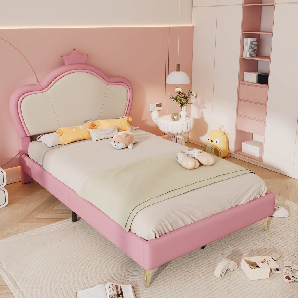 OKWISH Letto Bambini 90×200 cm, Letto Singolo con Bordi Imbottiti, Testiera Corona e 12 Doghe, senza Materasso, PU, Rosa e Bianco