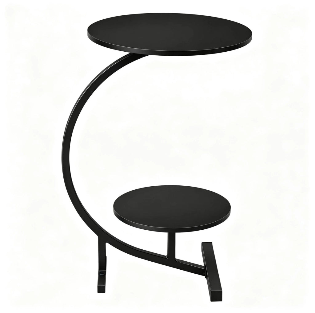 Tavolino rotondo 40x66 cm nero in MDF e metallo, 2 ripiani