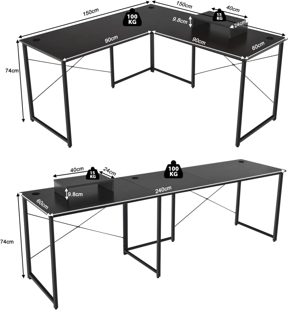 Scrivania Angolare per Computer con Supporto per Monitor, Scrivania Porta PC in Legno, Scrivania Salvaspazio e Moderna per Ufficio e Studio, 240 x 60 x 74 cm (Nero)