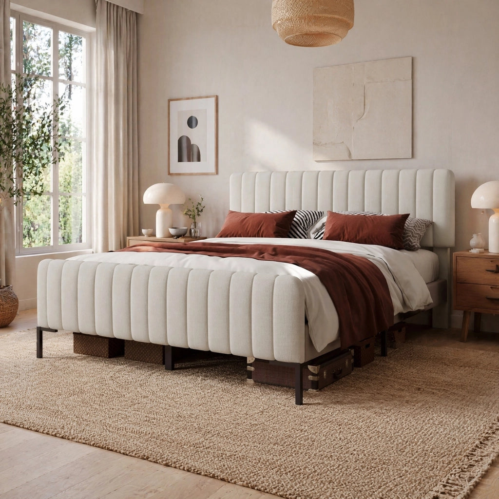 Letto imbottito matrimoniale 160x200 cm con testiera regolabile, rete a doghe, grigio-beige