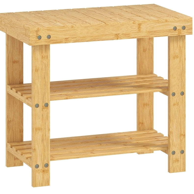 Panca portascarpe 50x28x45 cm naturale in bambù con 2 ripiani