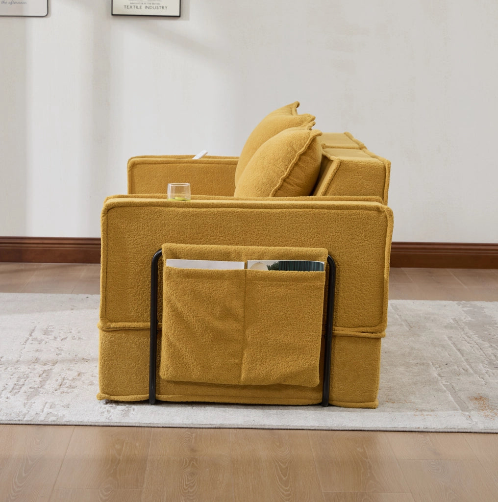 Divano due posti modulare in ciniglia giallo senape con tasche laterali e due cuscini per il relax