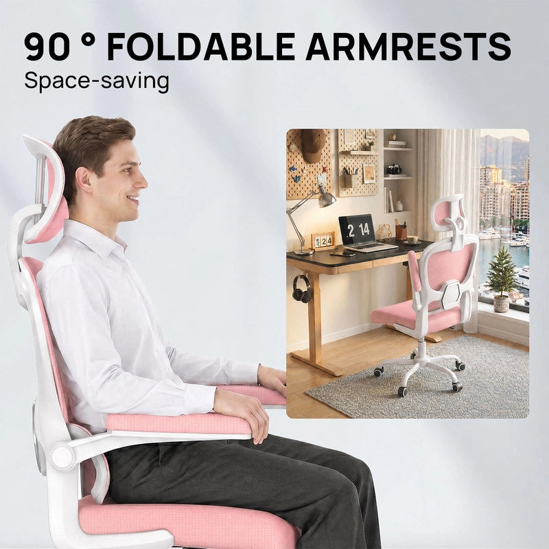 Sedia da ufficio ergonomica - Poltrona HAMLODY - con braccioli pieghevoli a 90° - Supporto lombare - Regolabile in altezza Rosa