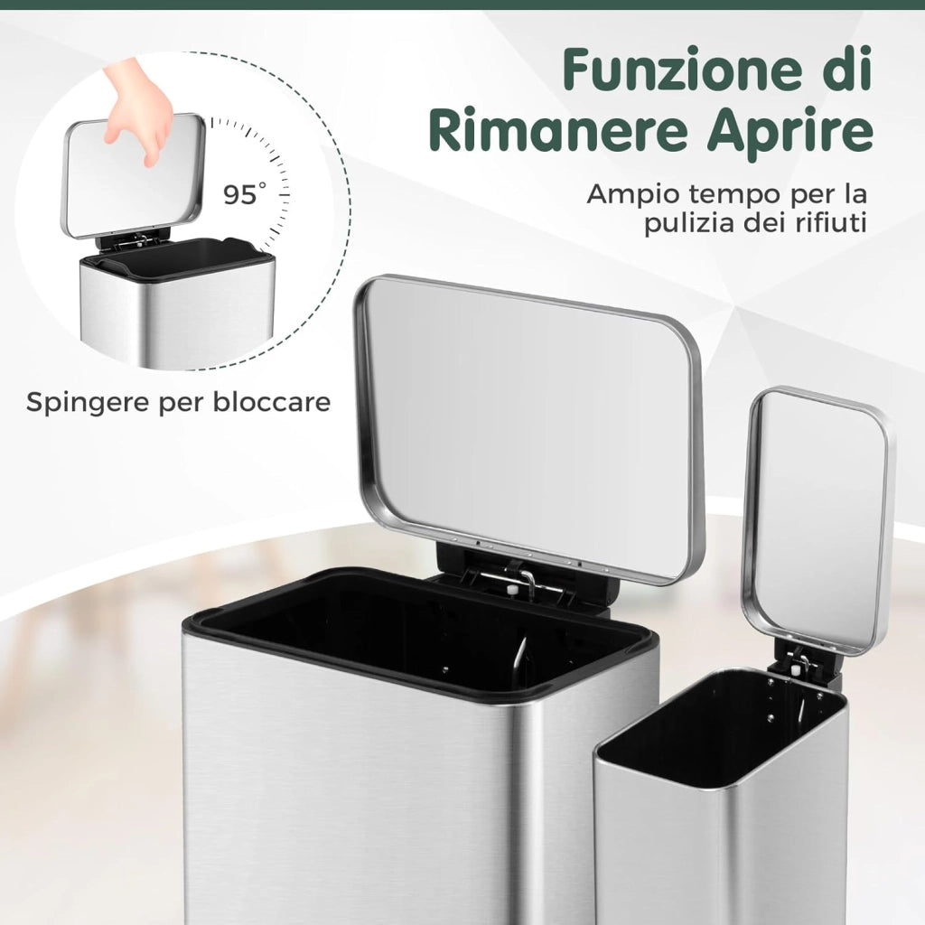 Set di 2 Cestini per Spazzatura 40/6L, Cestino per Rifiuti in Acciaio Inox con Secchi Interni Rimovibili, Coperchi Aperti e Chiusura Morbida, Bidoni per Cucina Bagno e Ufficio