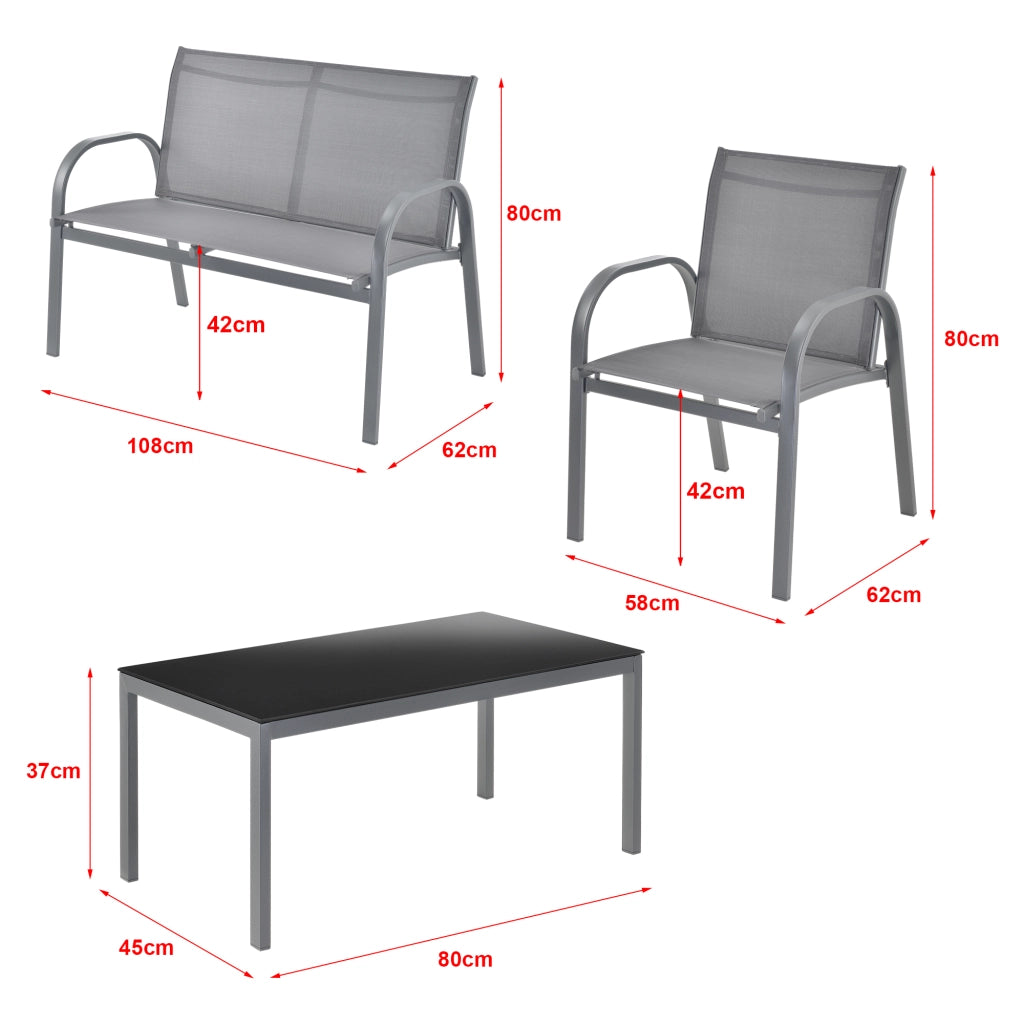 Set di Mobili da Giardino Fino a 4 Posti di Seduta Arredo Esterno Set Composto di 1 Divano e 2 Sedie con Braccioli e 1 Tavolino Basso con Piano in Vetro - Grigio Chiaro